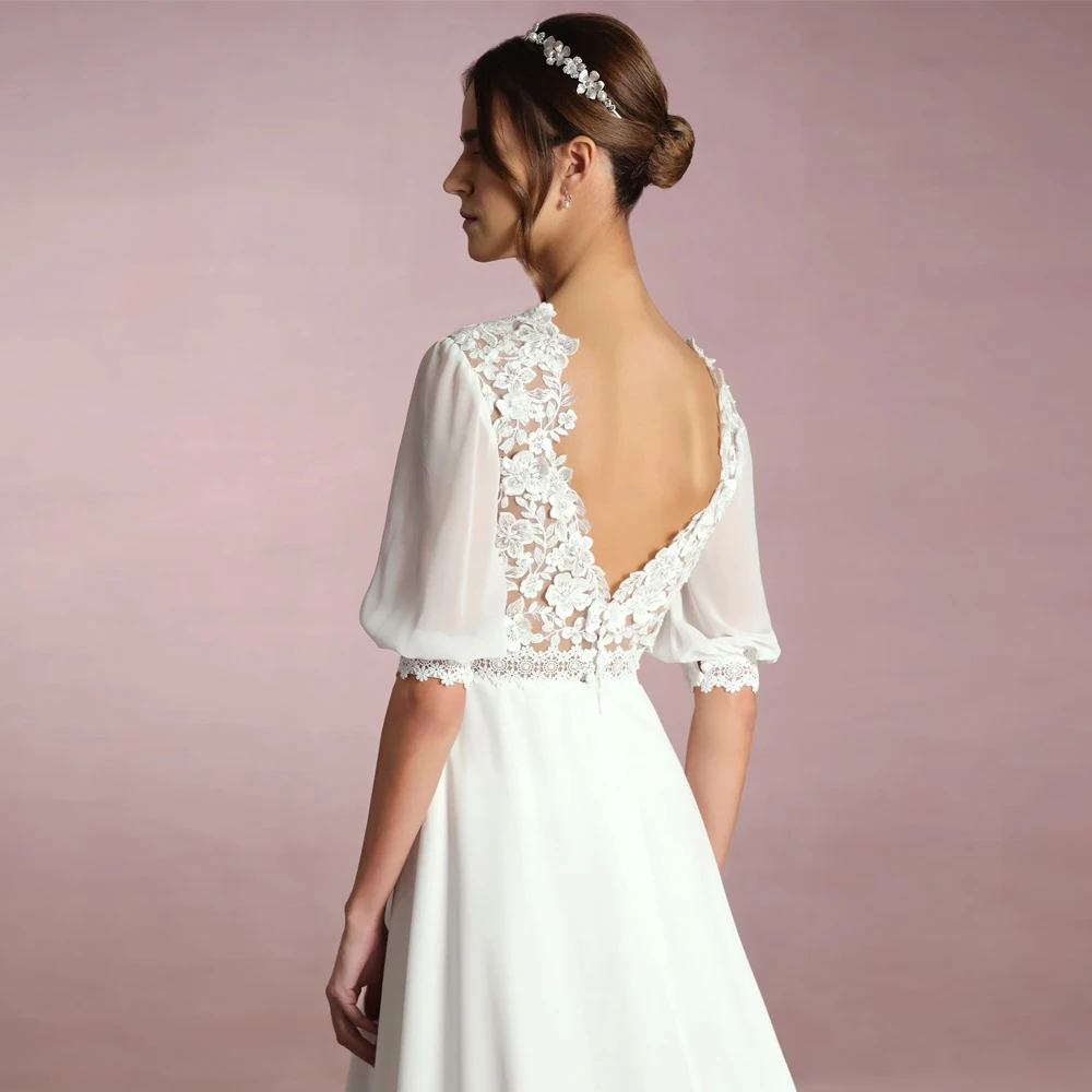 クラシック V ネックのウェディングドレス半袖ブライダル成長ジッパー背中の開いたカスタマイズされたアップリケレースシフォン新しい Vestidos デノビア