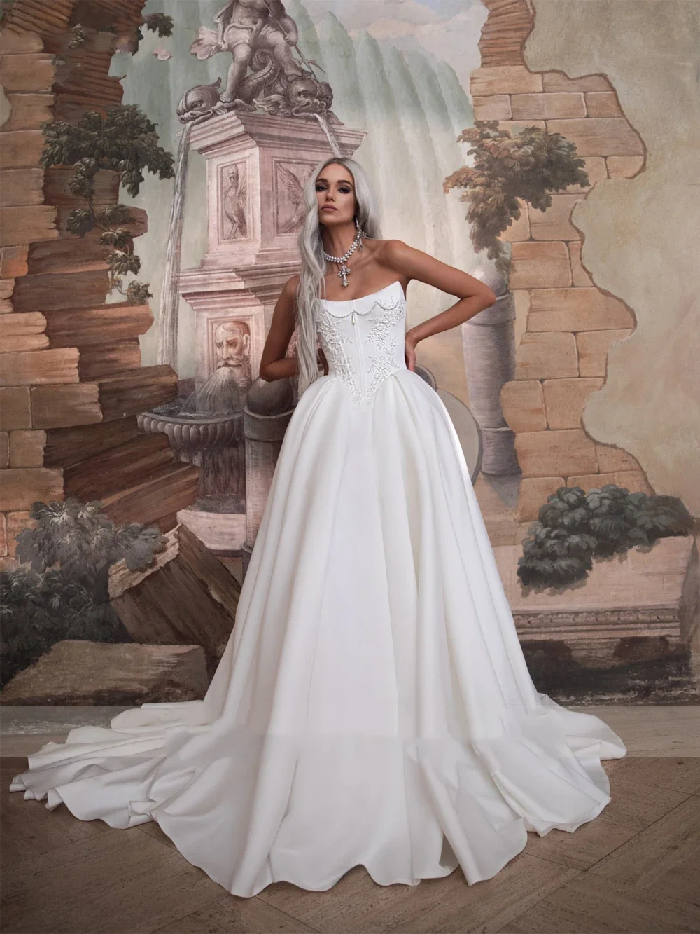 

Flavinke Индивидуальные современные атласные свадебные платья трапециевидной формы с жемчугом и бисером, платья с открытыми плечами и вырезом лодочкой, аппликации, платья невесты