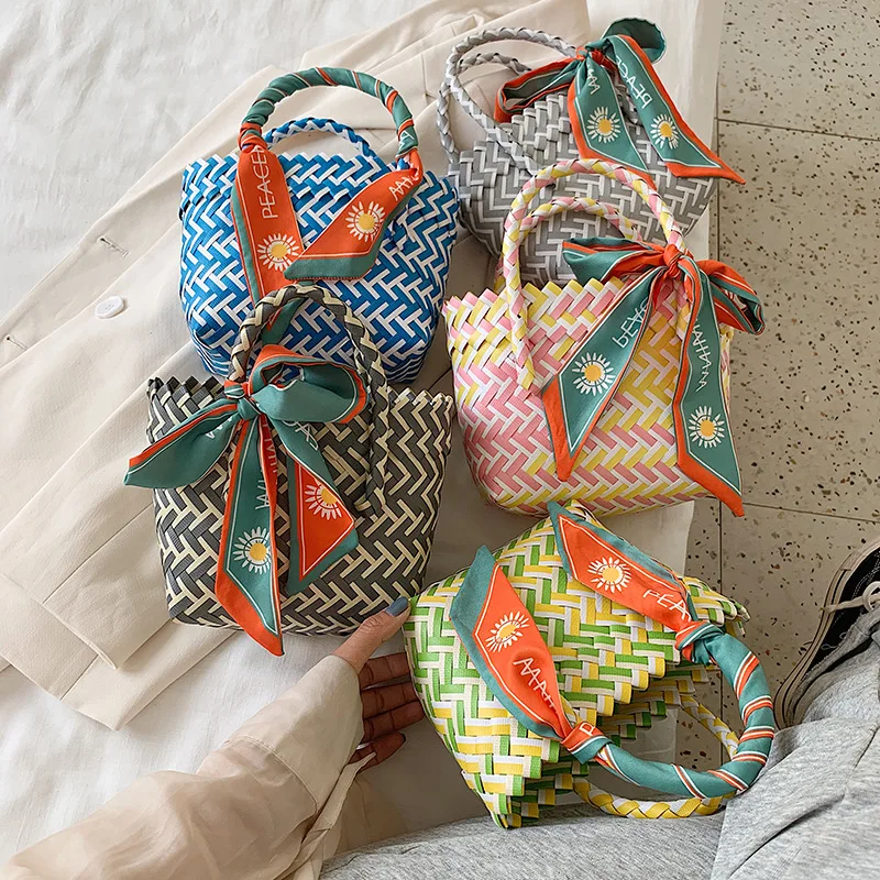 Handmade Mini Handbag Plastic Woven Contrast Tote Bag Silk Scarf Decorated Bohemia Summer Beach Bags Female Shopping Basket