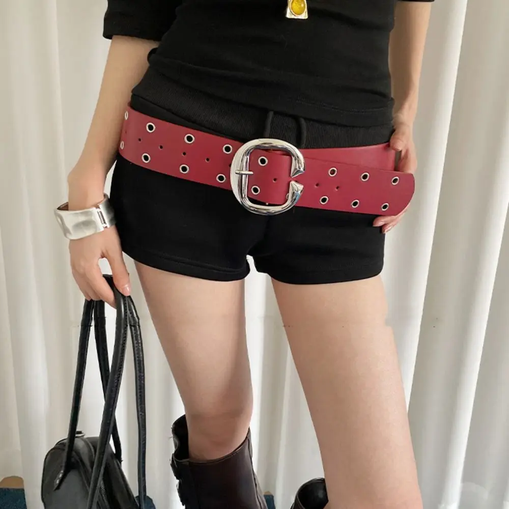 Cinturón ancho ajustable con agujeros de doble fila para mujer, hebilla de Metal, pretina de cuero Vintage, faja para pantalones vaqueros, cinturón de estilo Punk que combina con todo para hombre