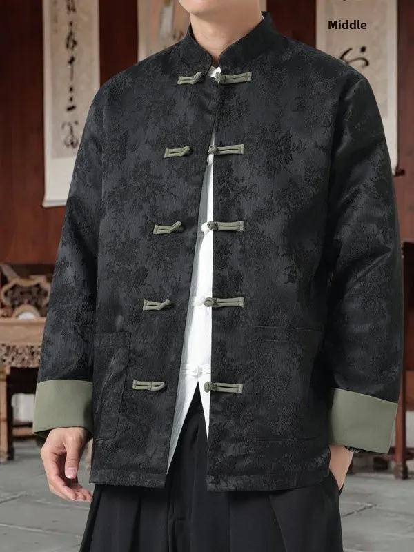 

Loose Fit Long Sleeve Men's Jacket Chinese Style Tang Suit Button down Hanfu Outerwear Business Casual Polyester Fiber