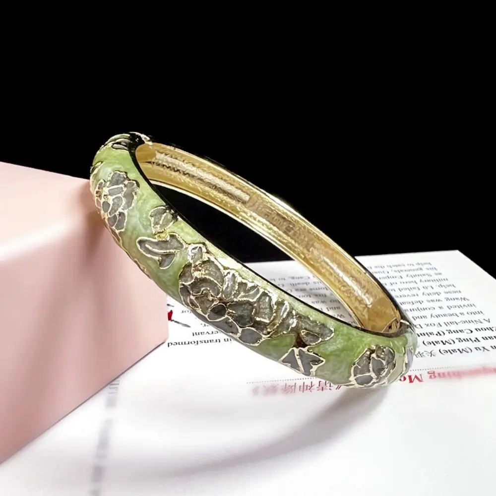 Enamel Chinese Cloisonne Bracelet Double Bangle Chinese Peony Filigree Flower Bangle Traditional Ethnic Women's Hand Bracelet