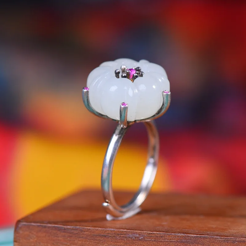 

S925 Silver Inlaid Hetian White Jade Women'S Ring