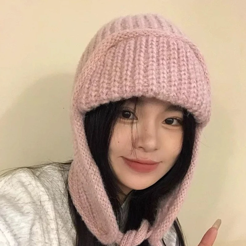 Chapéu de malha de proteção de orelha inverno quente à prova de frio boné voador cor sólida lã crochê gorro coreano feminino