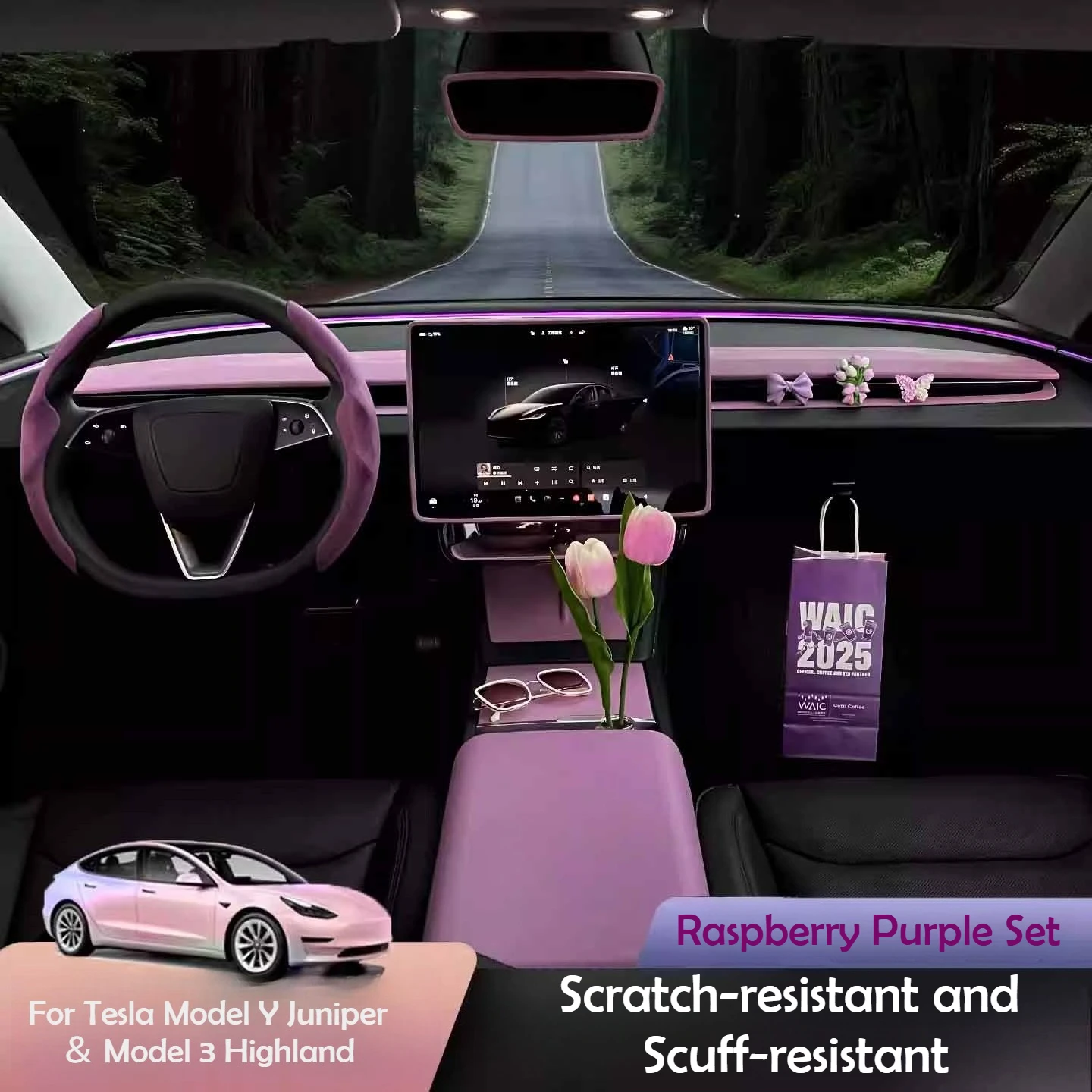 

Purple Accessories Anti Slip Center Console Storage Box Steering Wheel Cover Touch Screen Frame Protection For Tesla Model 3/Y