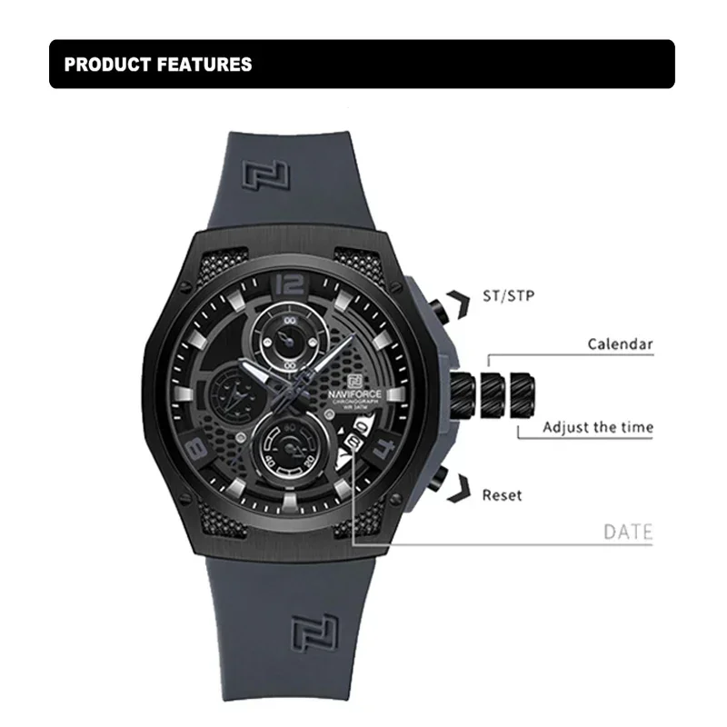 NAVIFORCE NF8051T  Luxury Design Men\'s Watches 30m Waterproof Military Sport with Date Silicone Band Quartz Wristwatch