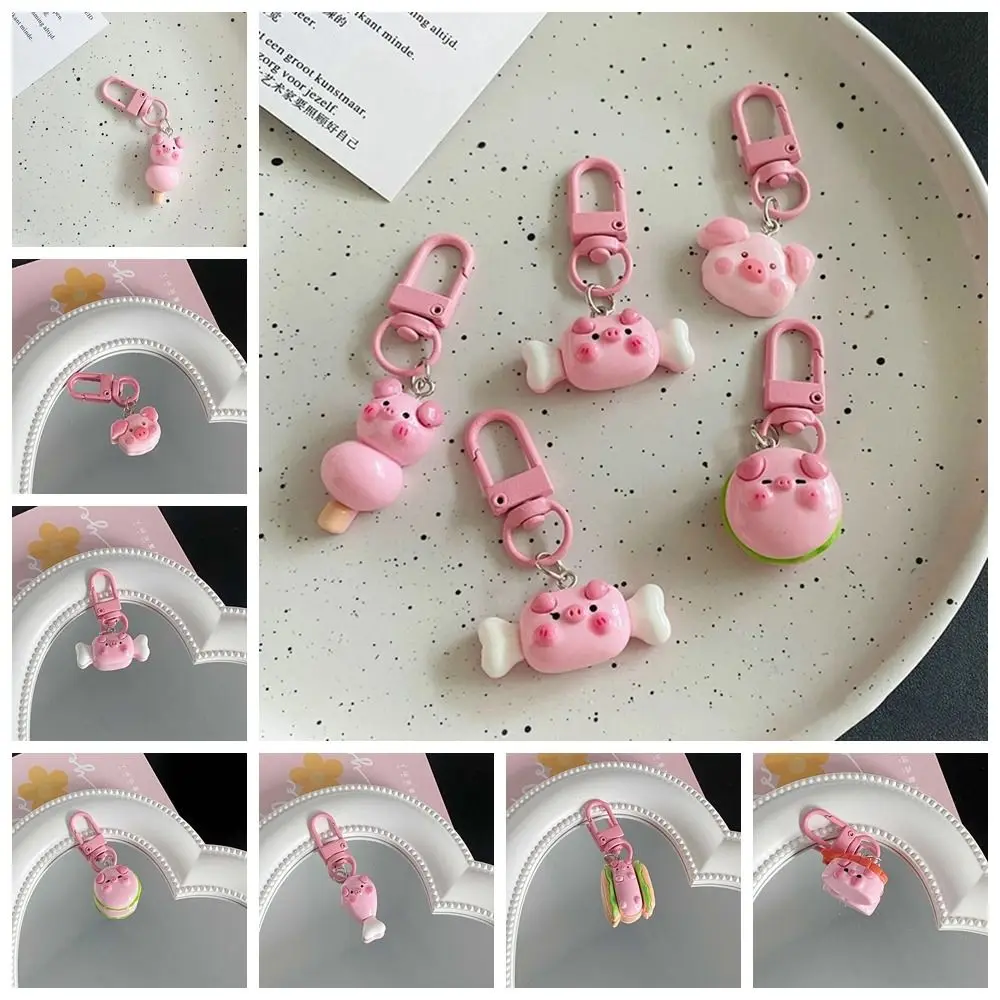 Pink Pig Pink Pig Metal Keychain Gourmet Resin Pig Food Keychain Small Cartoon Hamburger Pig Animal Keyring Birthday Gifts