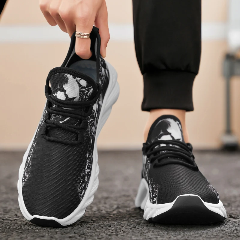 Gothic Boy Black Skull Design Light Soft Flats For Women Comfortable Mesh Sneakers Lace-up Running Shoes Halloween Gift 2025