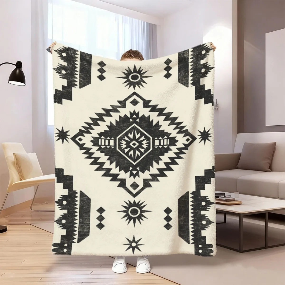 Soft Cream Background Black Navajo Southwest Tribal Star Diamond Symmetric Ethnic Full Print Fluffy Blanket Warm Couch Cover