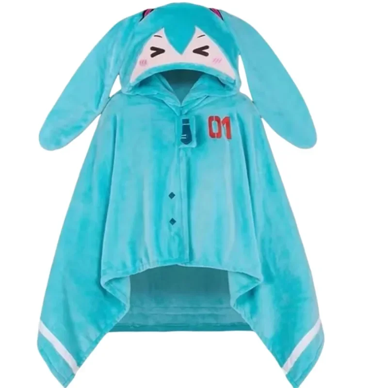 Hatsune Miku Cartoon Kawaii Auto multifunzionale Scialle caldo con cappuccio Coperta per pisolino Coperta per aria condizionata Mantello morbido e caldo carino