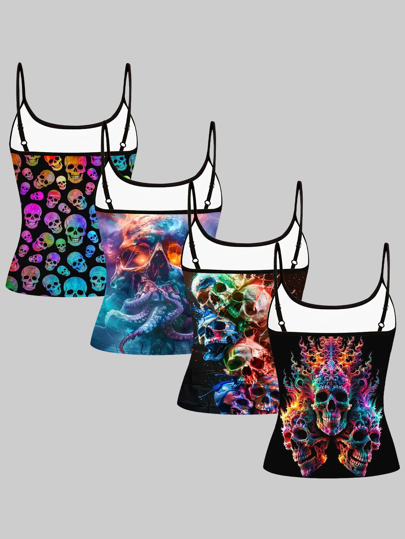 Women's 4-Piece Printed Camisole Set with Rainbow Dense Skulls, Octopus Skulls, Fluid Color-Blocking Skulls, and Flame Iridescent Skull Patterns, Slim-Fit, Flattering, Outerwear Sleeveless Tops