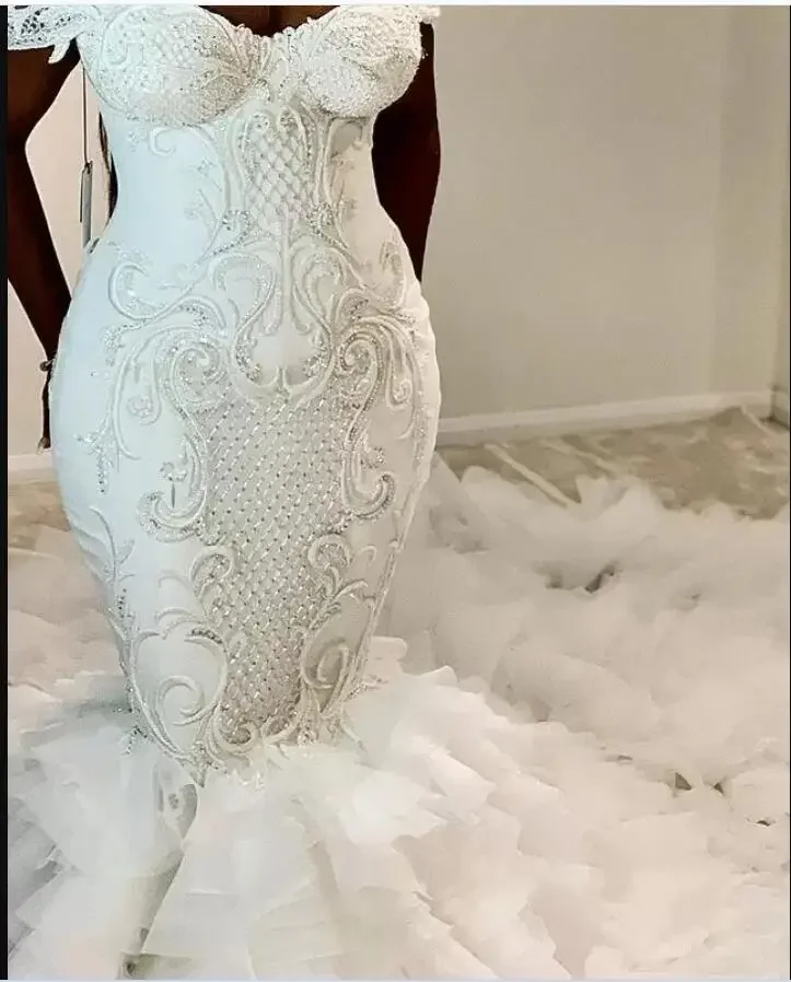 Customized Stunning Off The Shoulder Mermaid Embroidery Wedding DressesChapel Train Plus Size Vestido De Noiva Sereia Beaded B