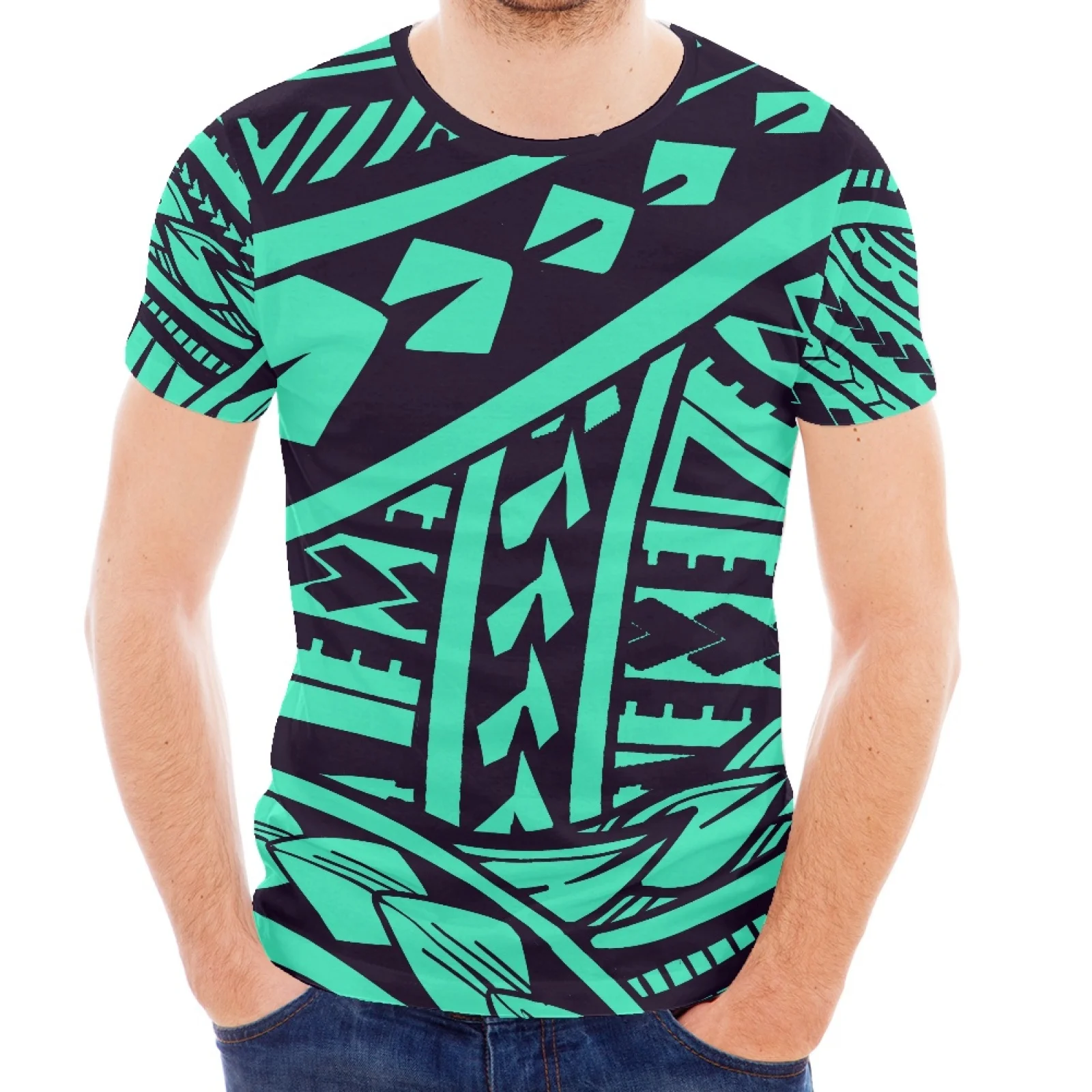 

Irregular Tattoo Pattern Print Design Polynesian Traditional Tribe New Round Neck Short Sleeve Slim T-Shirt Men's New Style