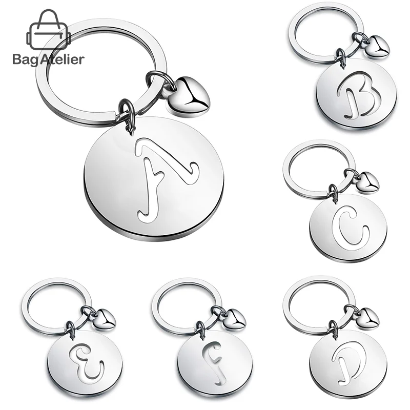 Popular A-Z Round Tag Stainless Steel Keychain Exquisite 26 Letters Car Motorbike Keychain Bag Charm Accessories Gifts