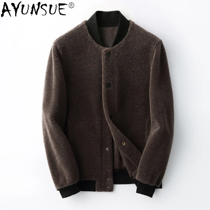 AYUNSUE Winter Sheep Shearling Jacket Men Clothes Short Fur All-in-one Jacket Male Pilot Baseball Uniform Tide Jaqueta Masculina