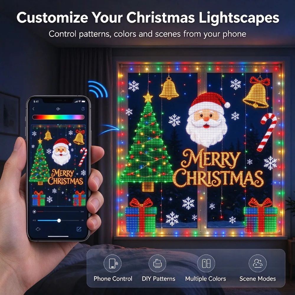 Smart Christmas Decorations Curtain lights Outdoor LED Fairy Lamp App Control DIY Pattern Waterproof for Wedding Party Home Xmas