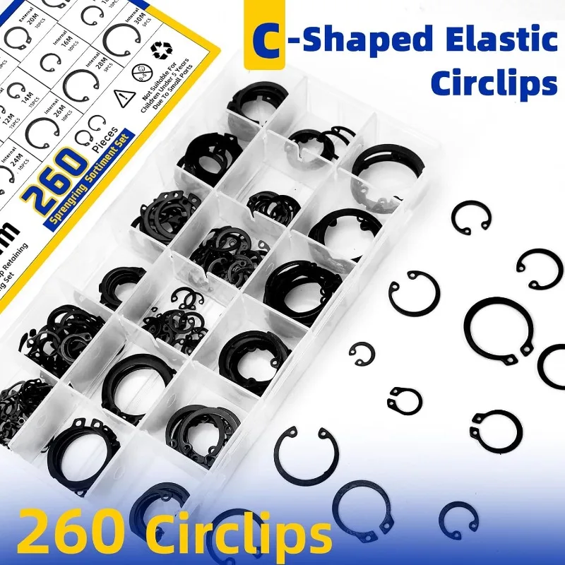 260pcs C-Clip Retaining Ring Set 24 Different Sizes 4M-30M E-Clip Circlip Assortment with 4-in-1 Snap Ring Pliers