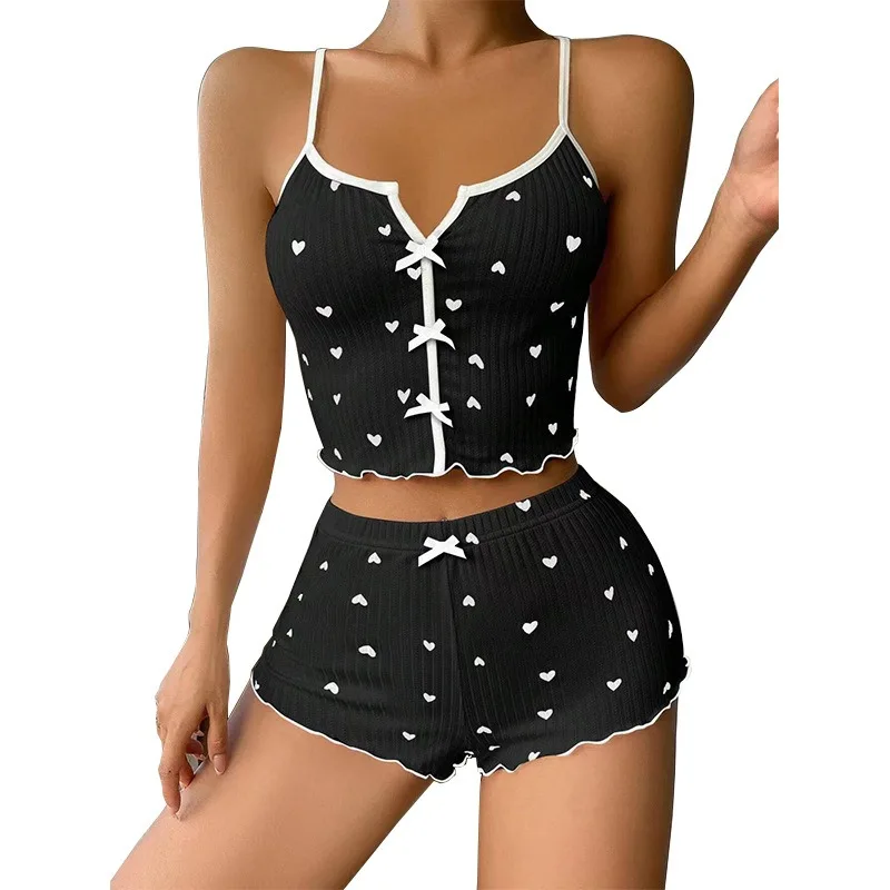 

Women's Pajama Pants 2-piece Set Heart-shaped Print Contrast Color Home Wear, Front Split Halter Pajama Set Pajamas for Women