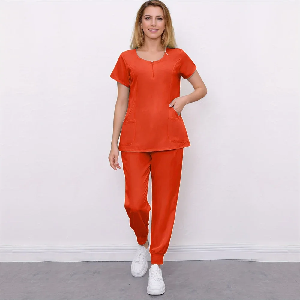 Operating Room Nurse Surgery Round Neck Leisure Suit Stretch Zipper Pet Beauty Salon Clinic Scrub Medica Short-sleeved Uniforms