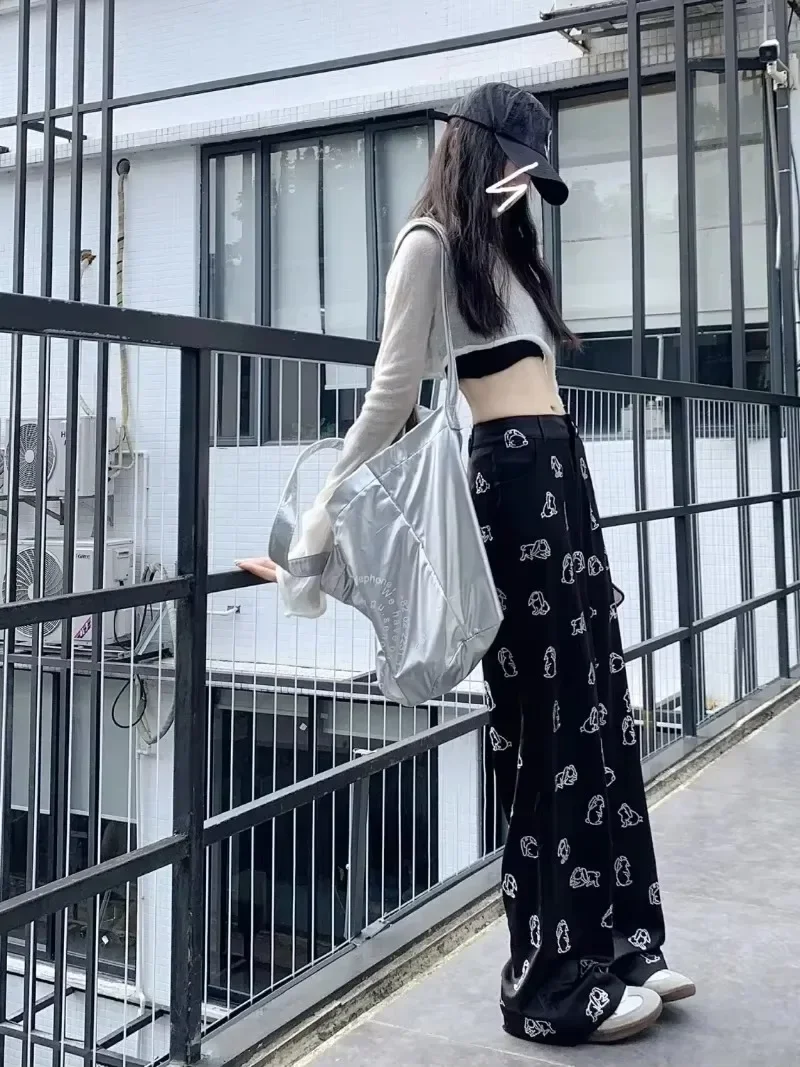 Pants Female Ins Japanese Cartoon Printing Trousers Women High Waist Black Straight Male Couple Loose Bf Wide Leg  Pantalons