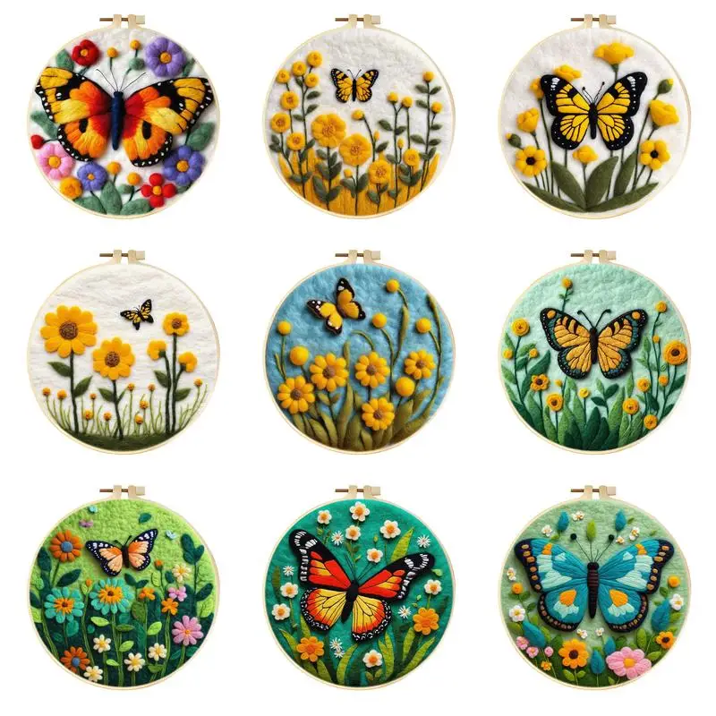 

RUOPOTY Butterfly Flowers Pattern Needle Felt Starter Kits With Embroidery Hoop Craft Set For Beginners Wool Felt Painting Creat