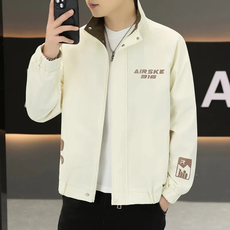 

Spring Autumn Men's Casual Faion Workwear Jaet Stand Collar Printed Outerwear Sli Versatile Haome Polyester Nylon ...