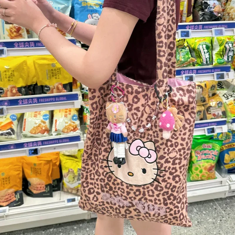 Hello Kitty Black Face Cotton Tote Bag With Rhinestone Decor Large Capacity Canvas Shoulder Bag For Women Shopping Beach