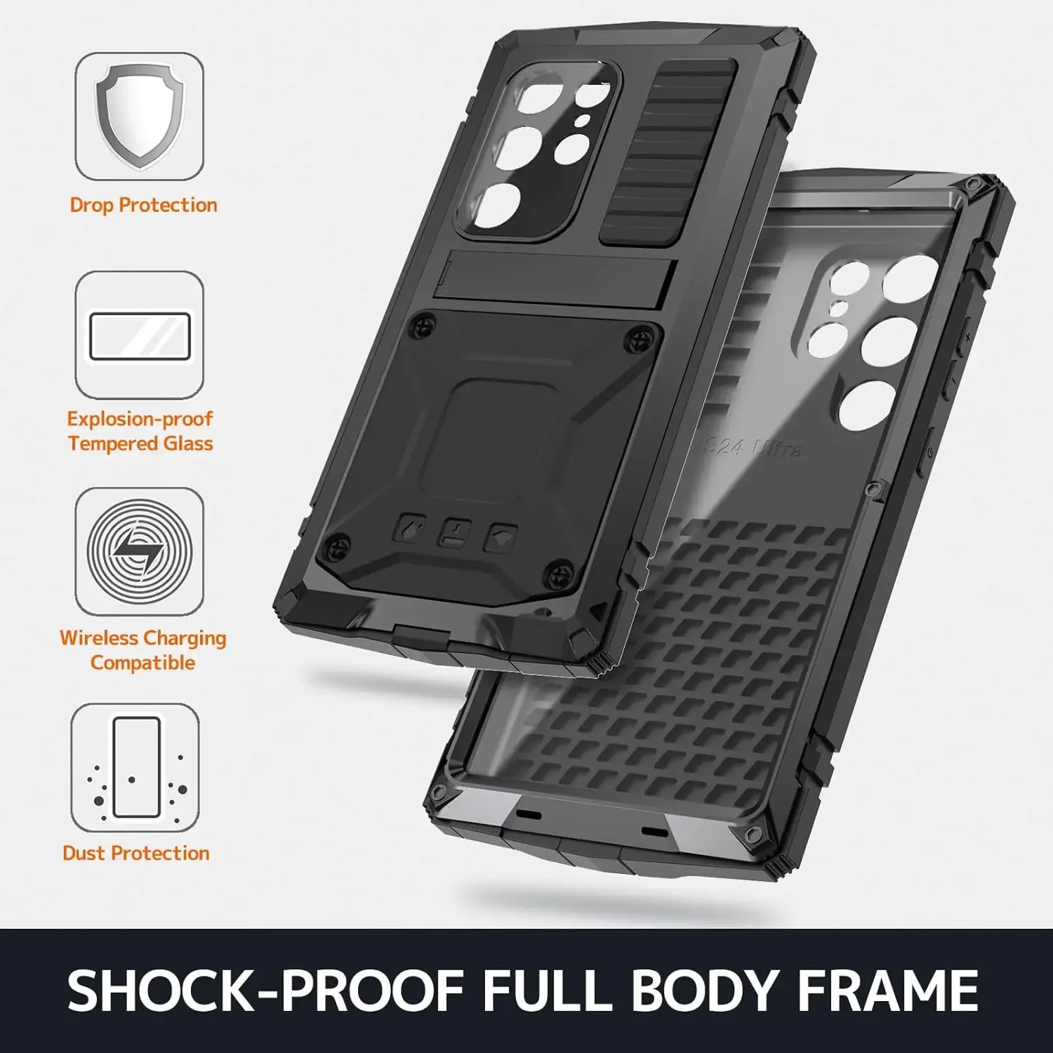 For Samsung S24Ultra S24 Plus Rugged Tank Armor Aluminum Alloy Metal Phone Case with Screen Protector Shockproof Cover Kickstand