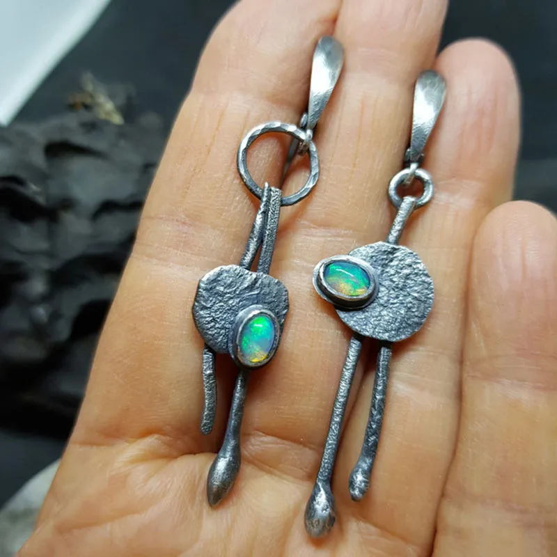 Female Dangle Earring Vintage Tribe Ethnic Hand Carving Asymmetry Metal Inlay Colorful Opal Stone Earrings For Womens Jewelry