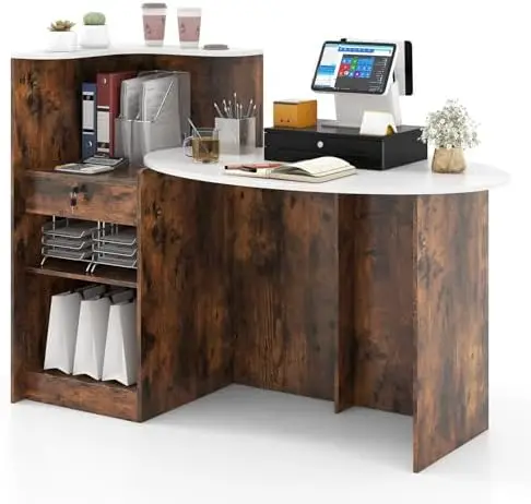 Reception Desk with Lockable Drawer & Adjustable Shelf, Front Counter with Oval Tabletop, Retail Register Stand, Office