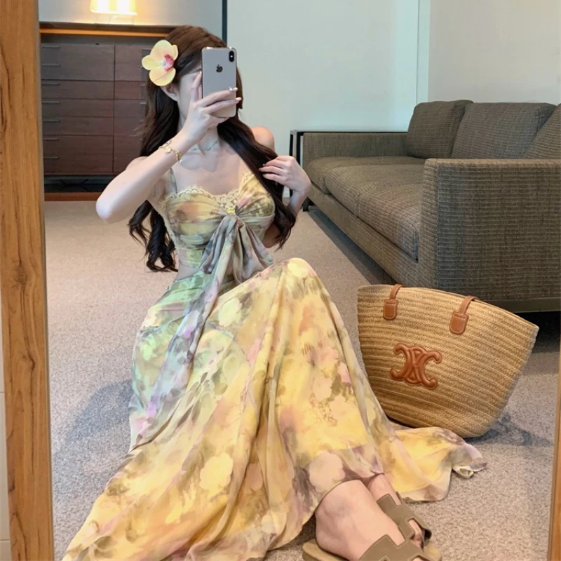 ลูกไม้เย็บปะติดปะต่อชีฟองพิมพ์สายรัดชุดผู้หญิงวันหยุดยาวเบาะตัดออกกลับ A-Line ชุดบริสุทธิ์จีบหน้าอกชุดหวาน