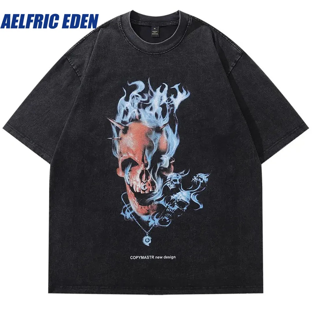 

Aelfric Eden Vintage Black Oversized T-Shirt Hip Hop Flame Skull Skeleton Graphic Print Washed Tshirt Harajuku Punk Gothic Tops