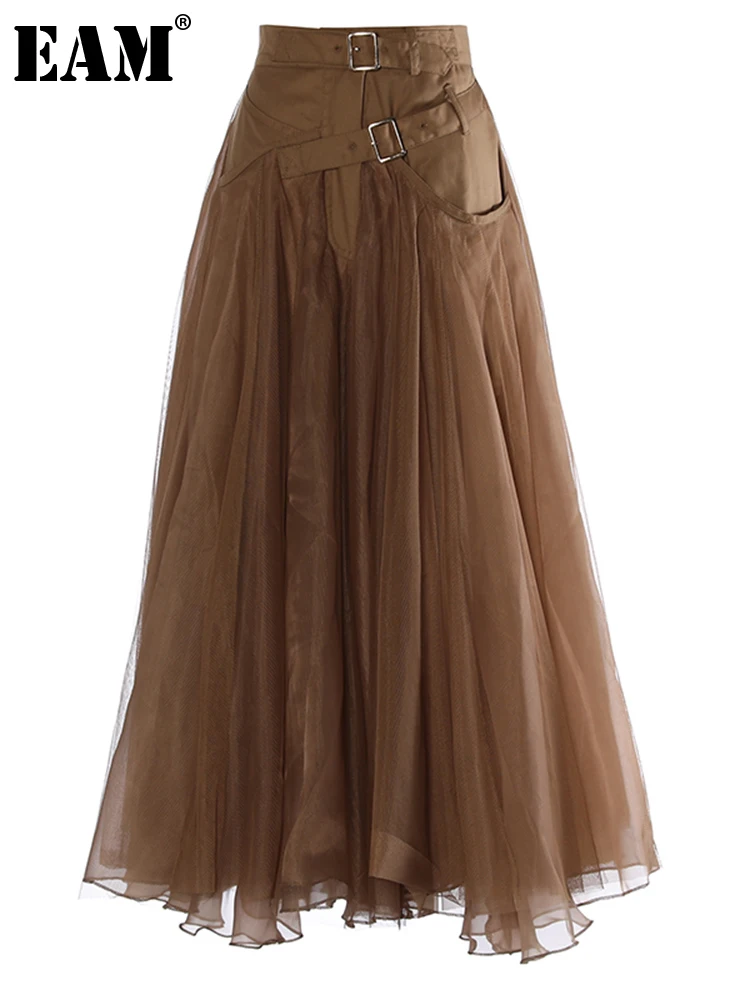 [EAM] High Waist Khaki Buckle Irregular Mesh Long A-line Half-body Skirt Women Fashion Tide New Spring Autumn 2024 1DH0633