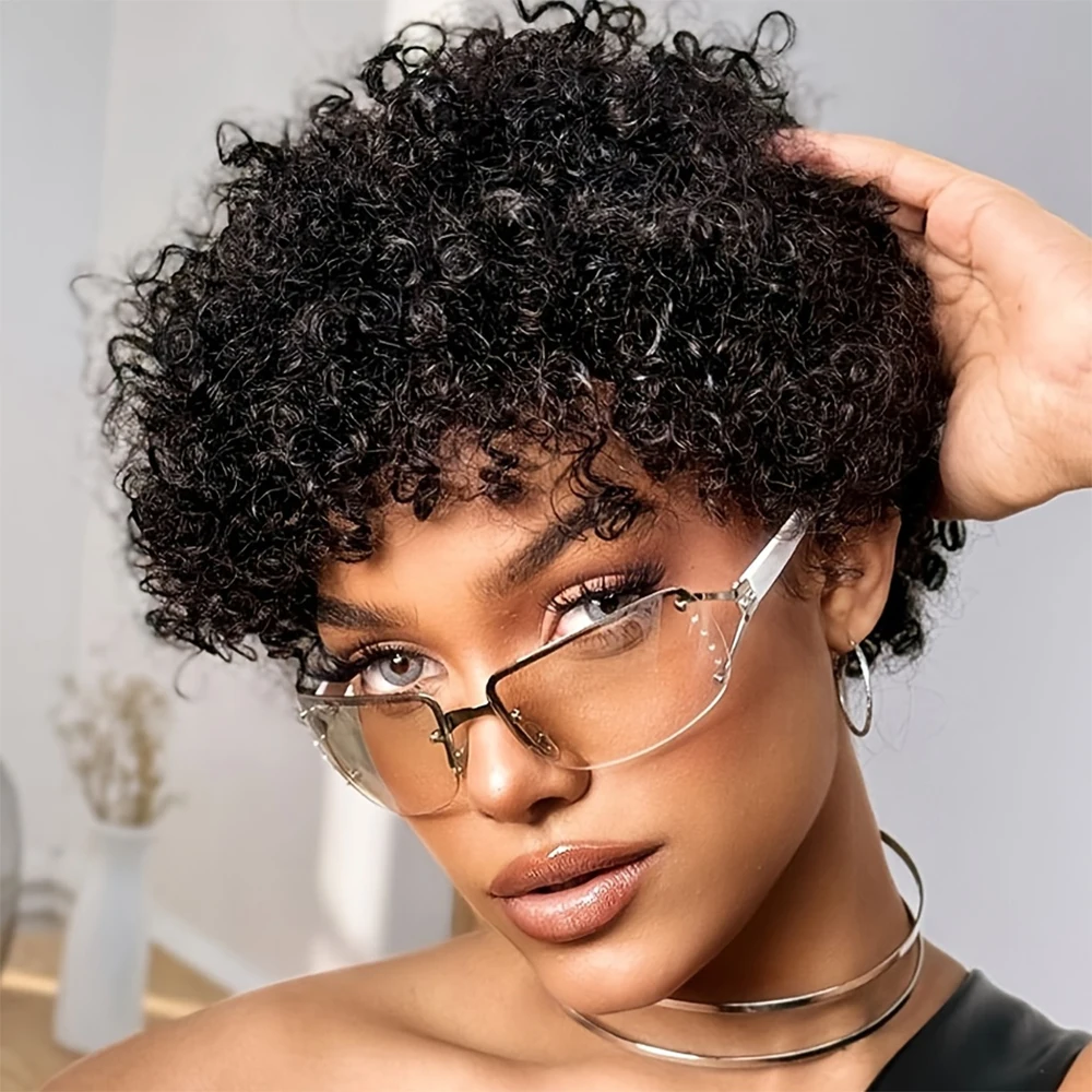 

Короткие афро-кудрявые вьющиеся парики с челкой из человеческих волос Короткие парики пикси Бразильский парик девственного пикси Полная машинная работа для чернокожих женщин