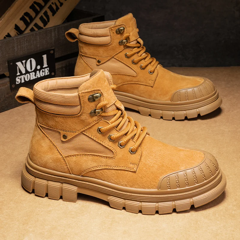 

Couple Leather Big Yellow Boots: 2025 New Autumn and Winter Men's Shoes, British Style Short Boots, Thickened Sole High-Top Boot