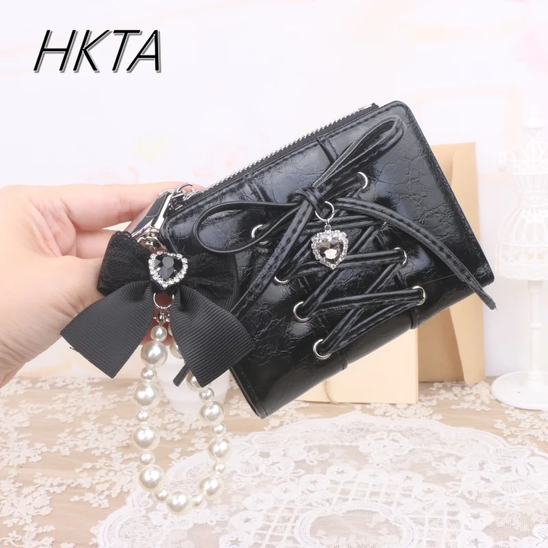 Portfel Japoński Słodkie Dziewczyny Lolita Ręcznie Robiony Uroczy Pasek z Kokardką Koraliki Cyrkonie Zawieszka Miłość Mały Portfel Etui na Karty Studenckie Portfel