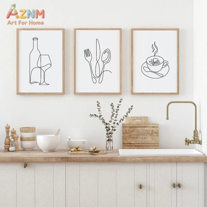 AZNM Minimalist One Line Canvas Print Wine Bottle Cutlery Coffee Cup Simple Black Line Drawing Neutral Kitchen Wall Poster Unfra