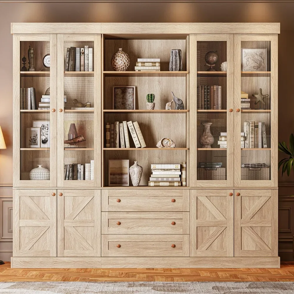 

71" Tall Farmhouse Bookshelves Bookcase with Glass Doors, 3 Drawers, Adjustable Shelves, Rustic Large Wooden Storage Cabinet