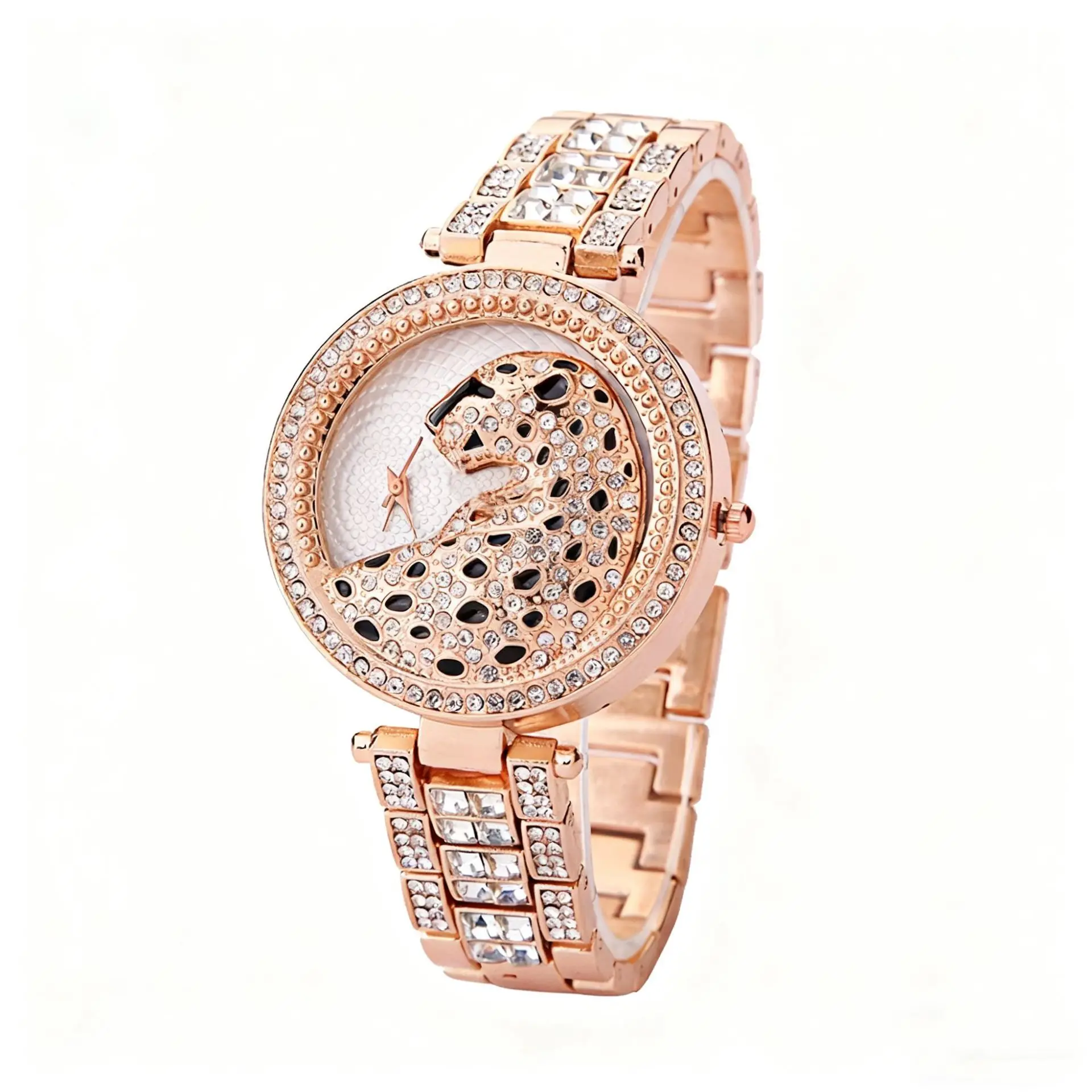 1-piece set of Gold Leopard Gold Absorbing Full Diamond Watch, fashionable temperament, round disc women's quartz watch