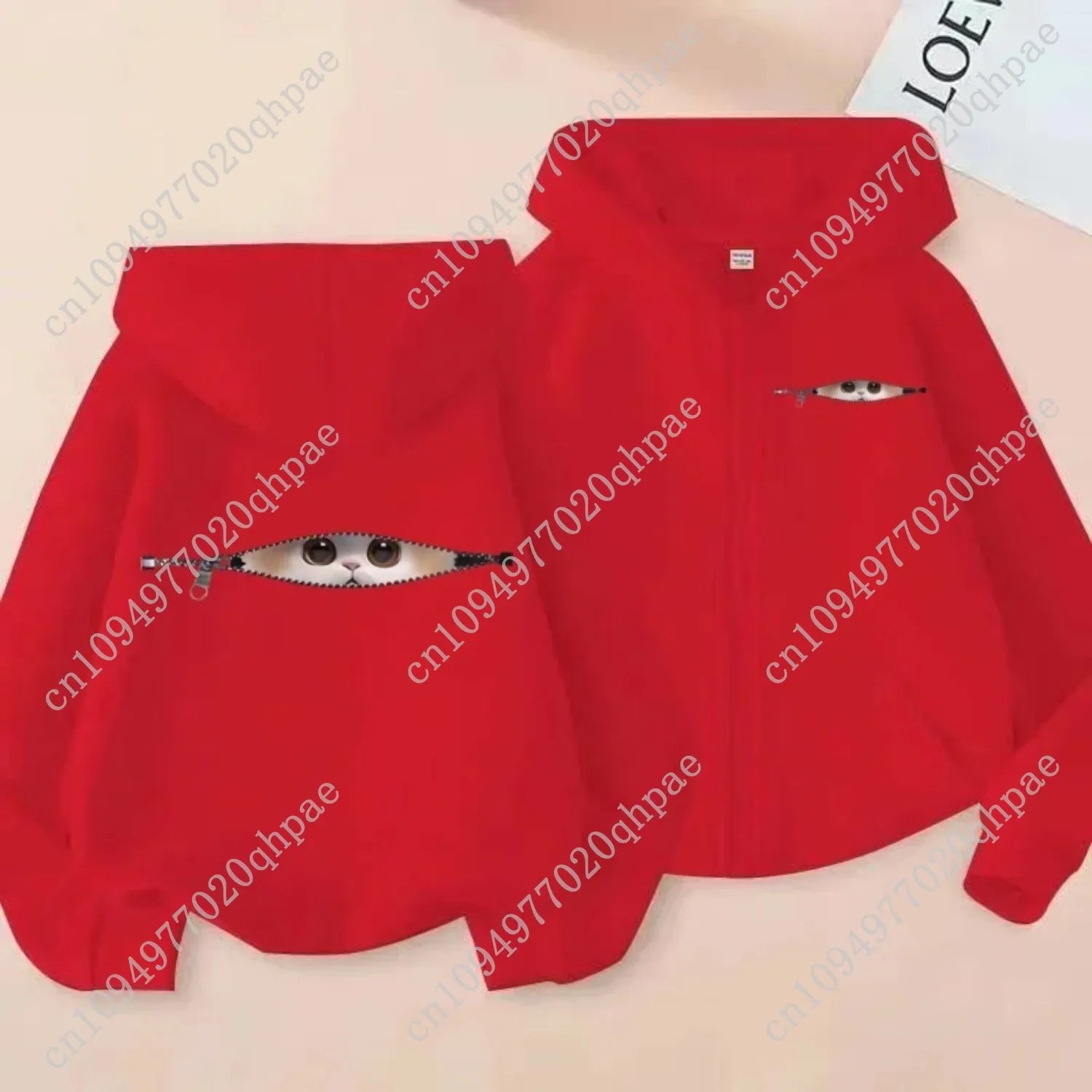 تحذير لطيف للغاية! قطة لطيفة عند فتحة سحاب، سويت شيرت بغطاء للرأس بسحاب ممتع #4