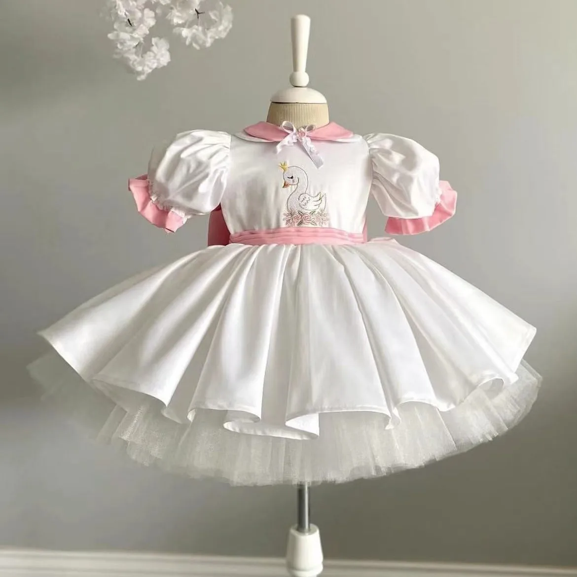 0-12Y Baby Girl Summer White Swan Embroidery Turkish Vintage Princess Dress for Birthday Holiday Easter Photography Eid  B214