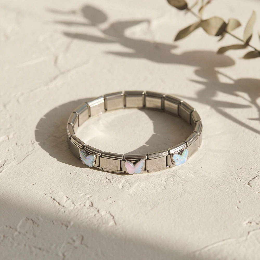 GEMOSA Klassisches Buntes Schmetterlings-Charm-Armband für Damen, Italienisches Gliederarmband Passend für 9mm Edelstahl-Schmuckzubehör DIY – Detail 1