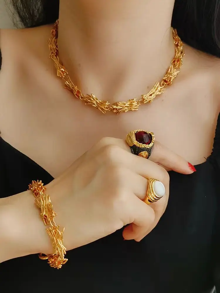 Vintage antique replica hand-carved ancient gold coral necklace