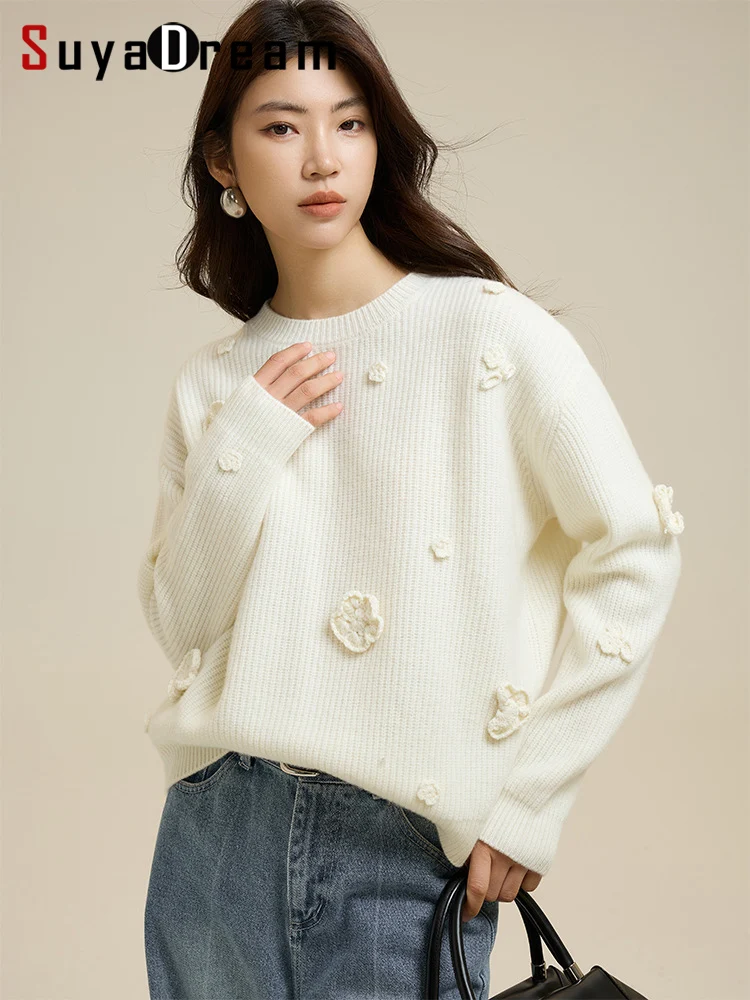 

SuyaDream, Warm Pullovers Woman, 100%Wool, Dropped Sleeved, Appliques Flowers Chic Sweaters,, 2024 Fall Winter Top, White