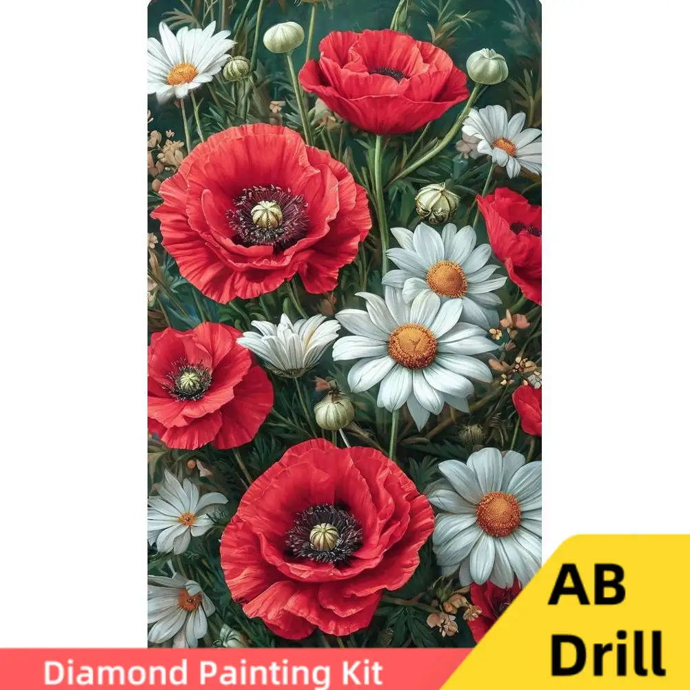 

AB Drill 5d Diamond Painting Poppy Flower Art Picture of Rhinestones Living Room or Bedroom Decor Modern Botanical Wall Art