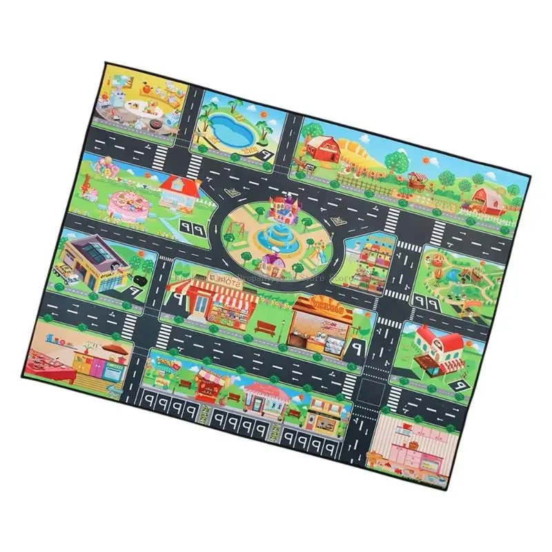 Alfombra juego paisaje urbano plegable, juguete con señales tráfico, caminos, patrón construcción para aprendizaje