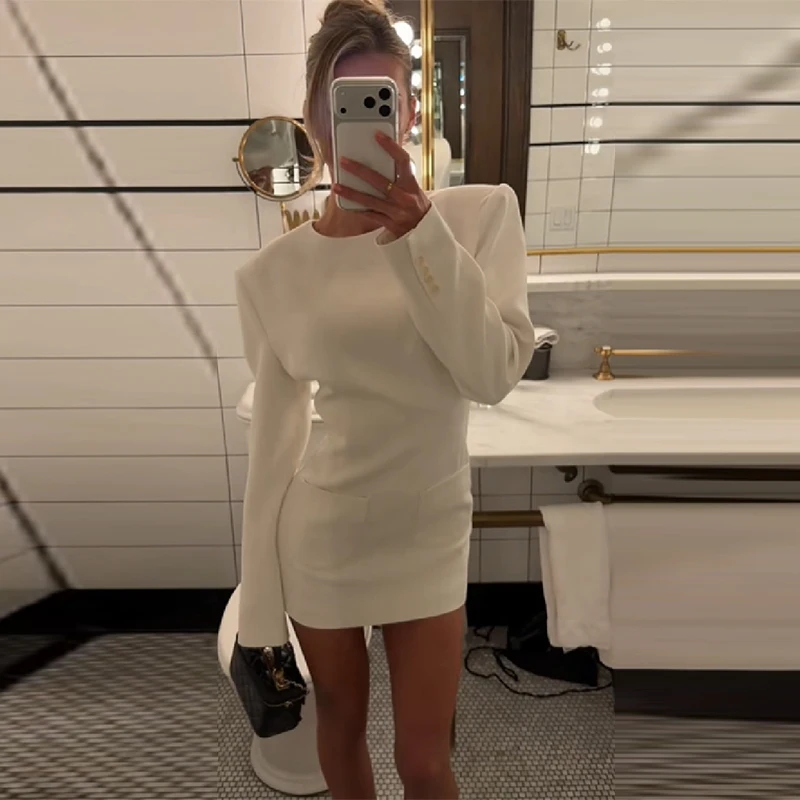 Feminino elegante ombro acolchoado terno saia chique manga comprida em torno do pescoço mini vestido nova moda cintura alta topo roupas minimalistas