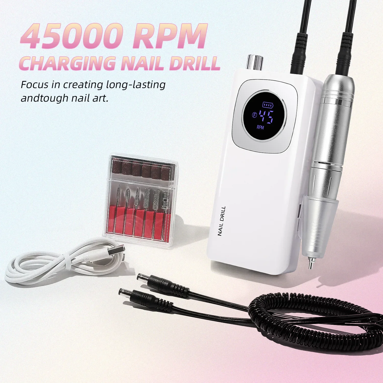 45000RPM Nail Drill Machine Electric Portable Nail File Rechargeable Nail Sander For Gel Nails Polishing For Home Manicure Salon