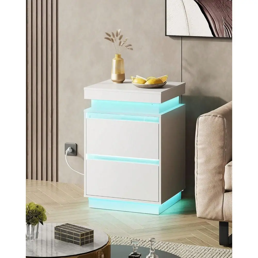 Modern 2 Drawer Nightstand, Smart LED End Table with APP-Controlled RGB Lights, Charging Station and Hidden Storage - view 6