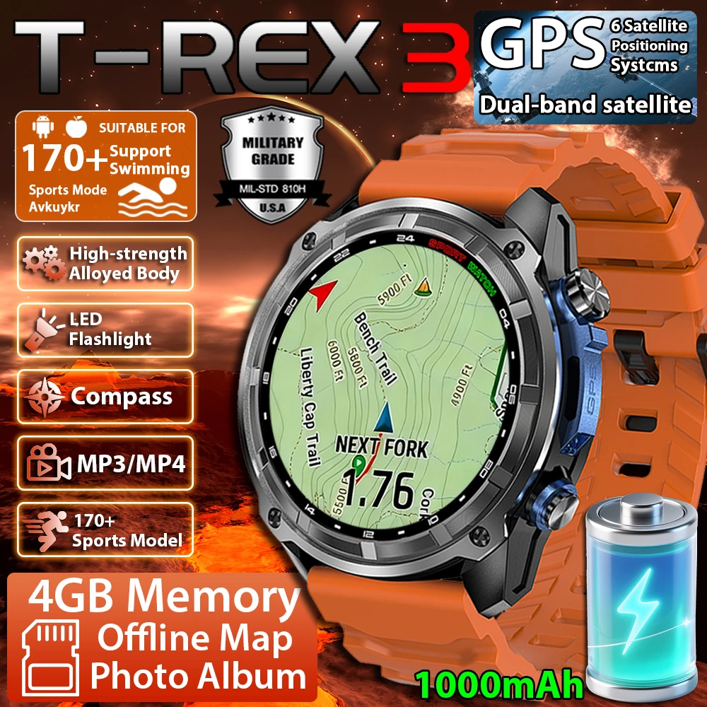 

2025Новые мужские военные GPS-карты Смарт-часы T-Rex3 Компас 4 ГБ памяти 1000 мАч Батарея 10 АТМ Водонепроницаемые HD Bluetooth Call Smartwatch